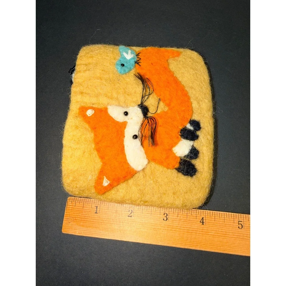 Handmade Felted Wool Fox Bird Coin Purse Pouch Mustard Yellow Made in Nepal